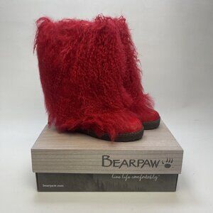NEW BEARPAW Canada Boetis II Fire red  Mongolian Sheepskin Fur Boots Sz 6 US